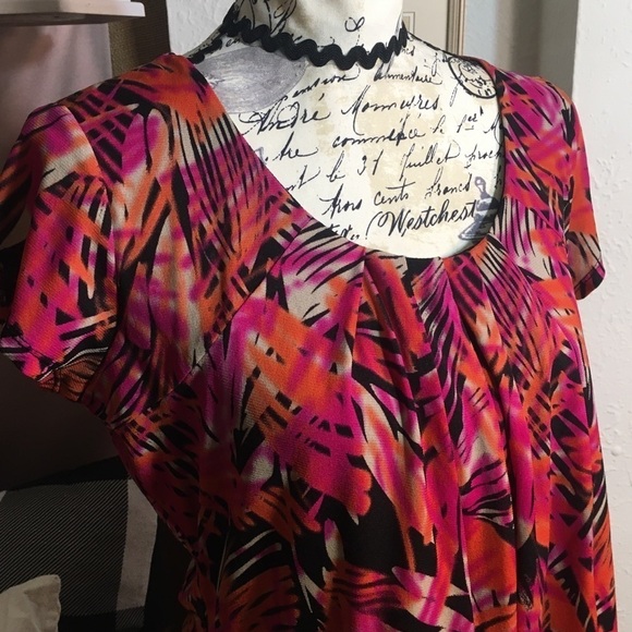 Worthington gathered neckline bright tropical print blouse - Picture 3 of 7